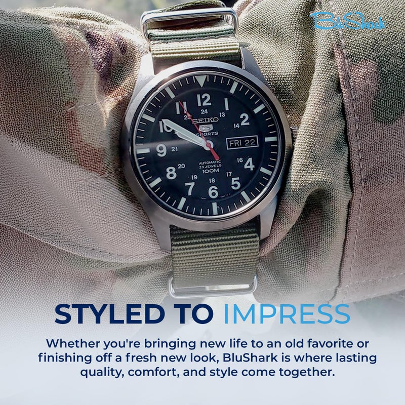 BluShark - Original Collection Military-Style Waterproof Watch Strap, Fits All Timepiece Brands, Durable Nylon Wristwatch Accessories with Stainless Steel Buckle, Army Green, 18mm - Image 5
