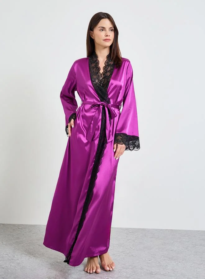Take Two Purple Satin Lace Trims and Tie-Up details Robe