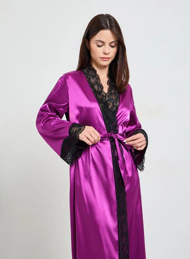 Take Two Purple Satin Lace Trims and Tie-Up details Robe