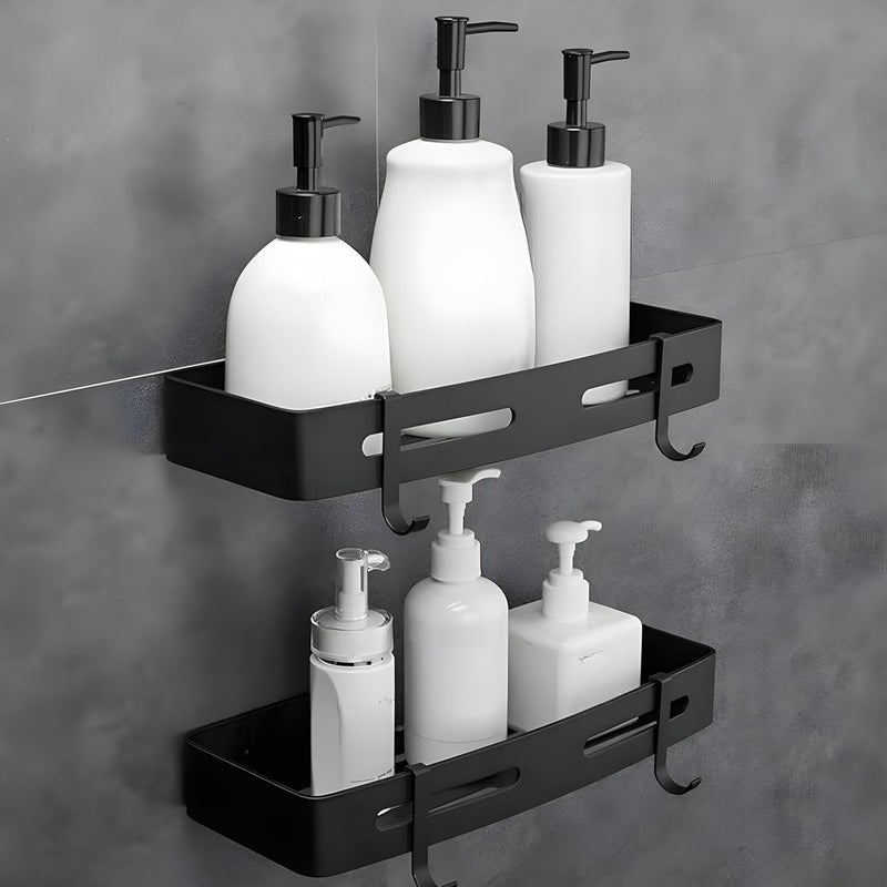 KRYLAR 1 pc Self-Adhesive Wall-Mounted Shelf for Bathroom & Kitchen-Drill-Free Aluminum Rectangular Rack with Hooks & Towel Holder for Modern Storage & Accessories,Multi-Purpose Trendy Wall Fitting - Image 1