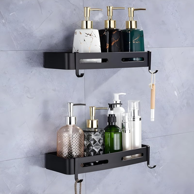 KRYLAR 1 pc Self-Adhesive Wall-Mounted Shelf for Bathroom & Kitchen-Drill-Free Aluminum Rectangular Rack with Hooks & Towel Holder for Modern Storage & Accessories,Multi-Purpose Trendy Wall Fitting - Image 2