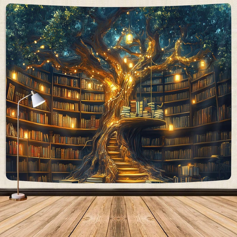 GOAOK Fantasy Library Tapestry For Classroom, Mysterious Tree Magic Bookshelf Aesthetic Tapestry, Witchy Fairytale Tree Vintage Bookshelf Book Art Tapestry Wall Hanging College Room Bedroom, 60"X40" - Image 1