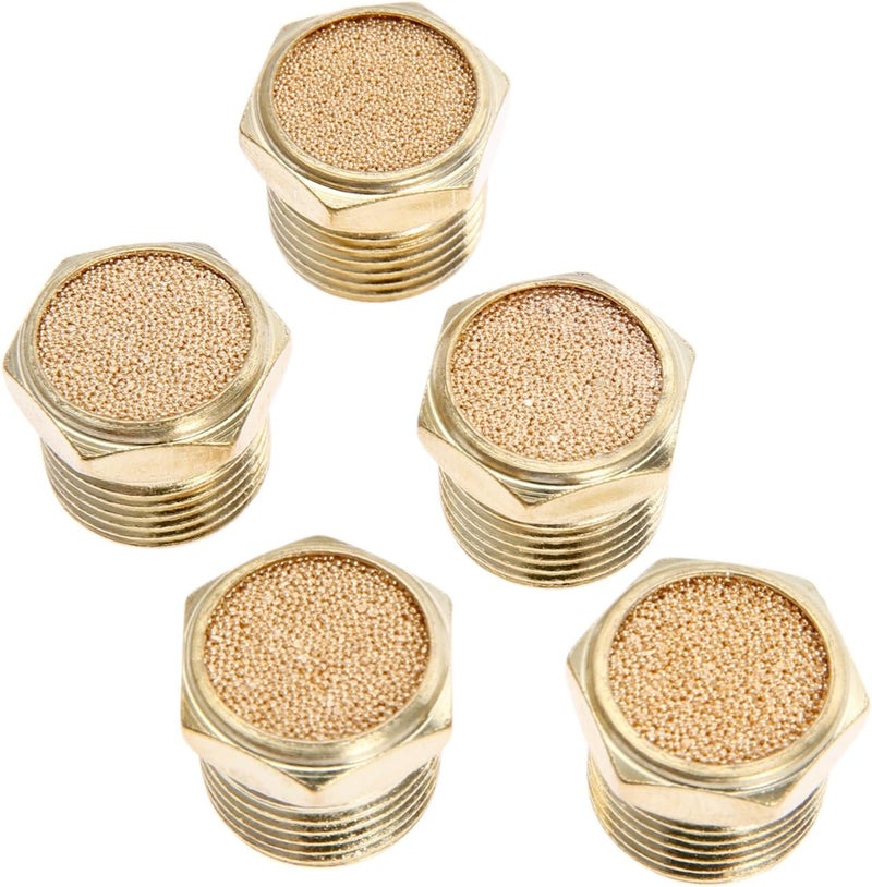 Mtsooning 5PCS 3/8" Brass Muffler, Pneumatic Air Vent Silencer, Hex Sintered Filter Male Thread NPT Fitting Noise Reducer Connector - Image 4