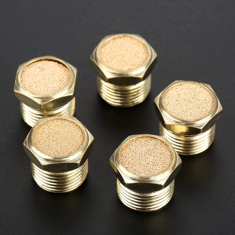 Mtsooning 5PCS 3/8" Brass Muffler, Pneumatic Air Vent Silencer, Hex Sintered Filter Male Thread NPT Fitting Noise Reducer Connector - Image 5