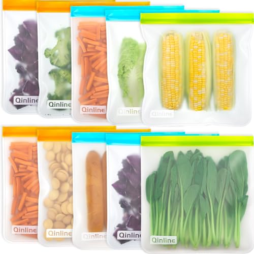 Qinline Reusable Gallon Food Storage Bags - 10 Pack Extra Thick Reusable Gallon Freezer Bags Leakproof Plastic Free Lunch Bag - Image 1