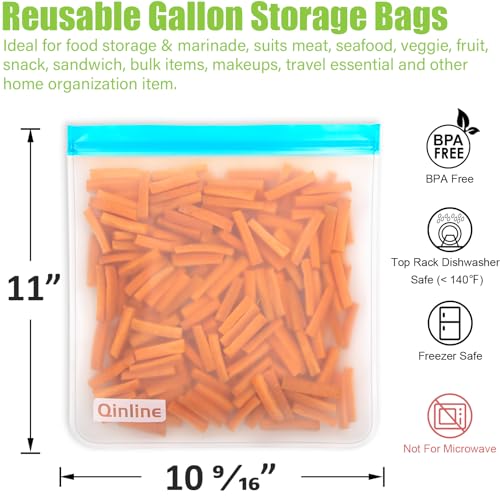 Qinline Reusable Gallon Food Storage Bags - 10 Pack Extra Thick Reusable Gallon Freezer Bags Leakproof Plastic Free Lunch Bag - Image 3