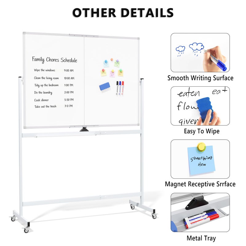 Neatsure سبورة بيضاء كبيرة متحركة على عجلات، 48" × 36" سبورة بيضاء مزدوجة الجوانب مع حامل، 4' × 3' سبورة مغناطيسية محمولة قابلة للمسح الجاف للمنزل والمكتب والفصل الدراسي والمدرسة، فضي - Image 5