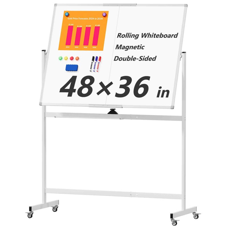 Neatsure سبورة بيضاء كبيرة متحركة على عجلات، 48" × 36" سبورة بيضاء مزدوجة الجوانب مع حامل، 4' × 3' سبورة مغناطيسية محمولة قابلة للمسح الجاف للمنزل والمكتب والفصل الدراسي والمدرسة، فضي - Image 1