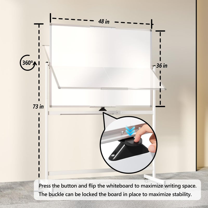 Neatsure سبورة بيضاء كبيرة متحركة على عجلات، 48" × 36" سبورة بيضاء مزدوجة الجوانب مع حامل، 4' × 3' سبورة مغناطيسية محمولة قابلة للمسح الجاف للمنزل والمكتب والفصل الدراسي والمدرسة، فضي - Image 3