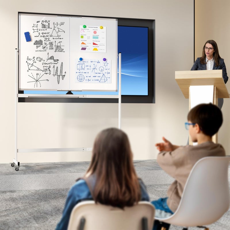 Neatsure سبورة بيضاء كبيرة متحركة على عجلات، 48" × 36" سبورة بيضاء مزدوجة الجوانب مع حامل، 4' × 3' سبورة مغناطيسية محمولة قابلة للمسح الجاف للمنزل والمكتب والفصل الدراسي والمدرسة، فضي - Image 2