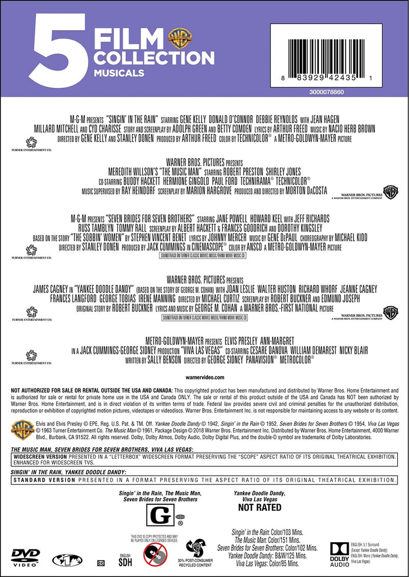 Warner Bros 5 Film Collection: Musicals (Singin' in the Rain / The Music Man / Seven Brides For Seven Brothers / Yankee Doodle Dandy / Elvis-Viva Las Vegas) - Image 2