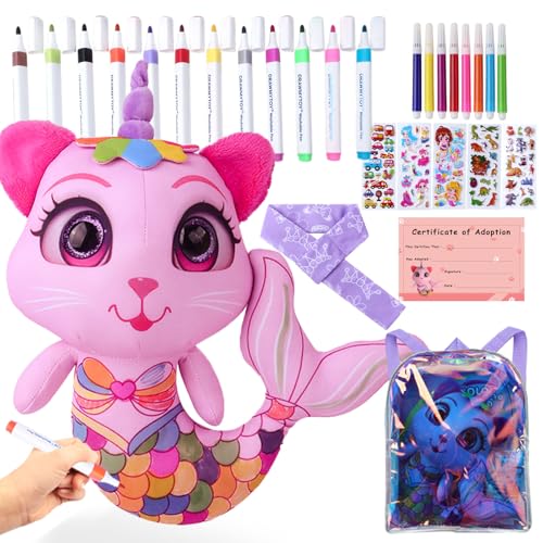 DRAWMYTOY Stuffed Animal Coloring Plush Toy with 20 Washable Markers Laser Holographic Backpack Road Trip Car Game Writing Painting Set for Girls Doodle Dolls Kids Ages 36 BirthdayPink Cat Mermaidr - Image 1