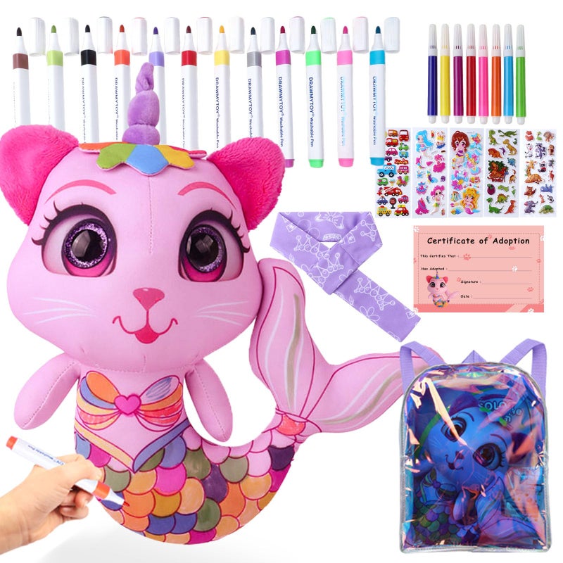 DRAWMYTOY Stuffed Animal Coloring Plush Toy with 20 Washable Markers Laser Holographic Backpack Road Trip Car Game Writing Painting Set for Girls Doodle Dolls Kids Ages 36 BirthdayPink Cat Mermaidr - Image 3