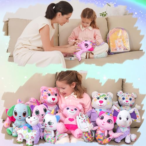 DRAWMYTOY Stuffed Animal Coloring Plush Toy with 20 Washable Markers Laser Holographic Backpack Road Trip Car Game Writing Painting Set for Girls Doodle Dolls Kids Ages 36 BirthdayPink Cat Mermaidr - Image 5