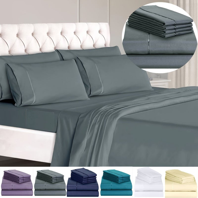 4 6 Piece Sheet Set Ribbon Piping With 2 4 Pillowcases Deep Pockets Breathable Soft Bed Sheets Wrinkle Free Machine Washable Dark Purple California King 72 X 84 Inches - Image 1