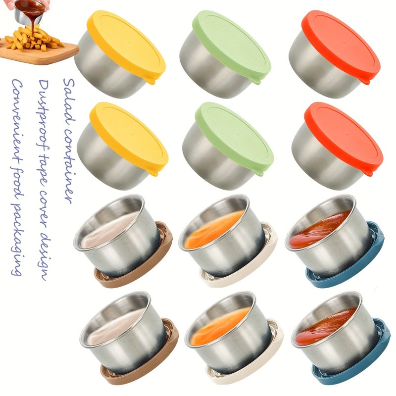 12 Pcs 1.35 Oz Stainless Steel Sauce Cups With Lids Seasoning Containers Reusable Dipping Plates For BBQ Picnic Camping Kitchen Storage Holiday Theme - Image 1