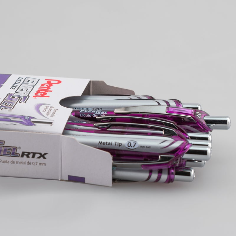 Pentel أقلام جل سائلة قابلة للسحب من بنتل® إينرجل™، نقطة متوسطة، 0.7 مم، برميل فضي، حبر بنفسجي، عبوة من 12 - Image 2