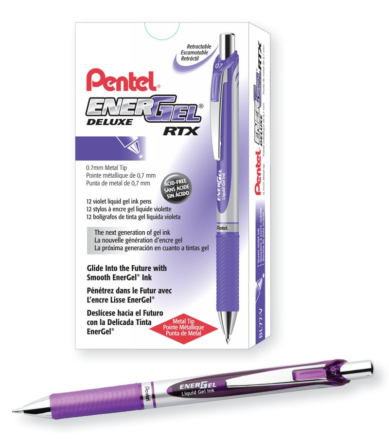 Pentel أقلام جل سائلة قابلة للسحب من بنتل® إينرجل™، نقطة متوسطة، 0.7 مم، برميل فضي، حبر بنفسجي، عبوة من 12 - Image 1