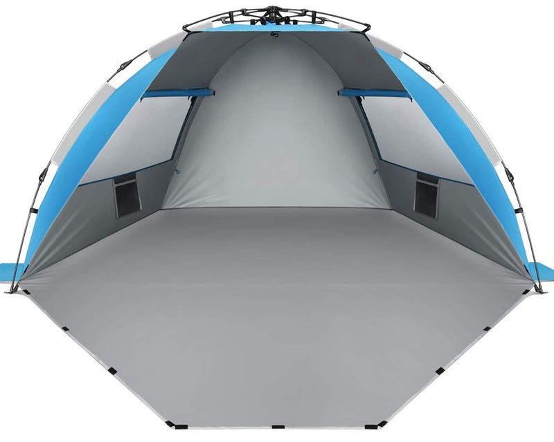 Oileus X-Large 4 Person Beach Tent Sun Shelter - Portable Sun Shade Instant Tent for Beach with Carrying Bag, Stakes, 6 Sand Pockets, Anti UV for Fishing Hiking Camping, Waterproof Windproof, Blue - Image 1