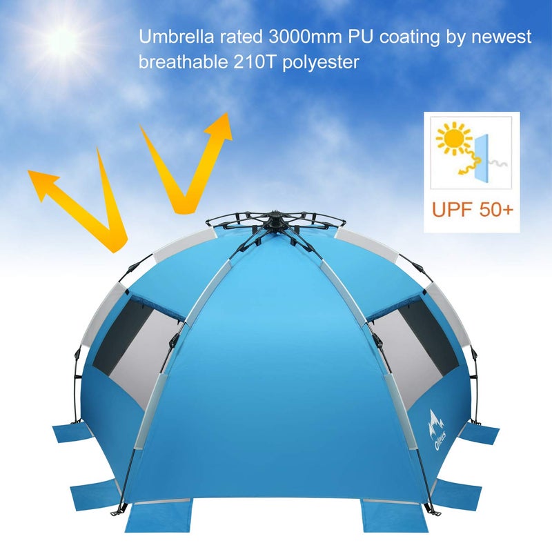Oileus X-Large 4 Person Beach Tent Sun Shelter - Portable Sun Shade Instant Tent for Beach with Carrying Bag, Stakes, 6 Sand Pockets, Anti UV for Fishing Hiking Camping, Waterproof Windproof, Blue - Image 4