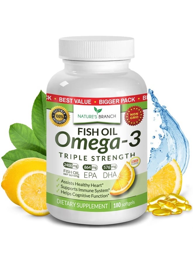 Nature's Branch - Best Triple Strength Omega 3 Fish Oil Pills - 180 Capsules - 2400mg High Potency Burpless Lemon Flavor 864mg EPA 576mg DHA Ultra Pure Liquid Softgels for Brain Joints Eyes Heart Health Supplement - Image 1