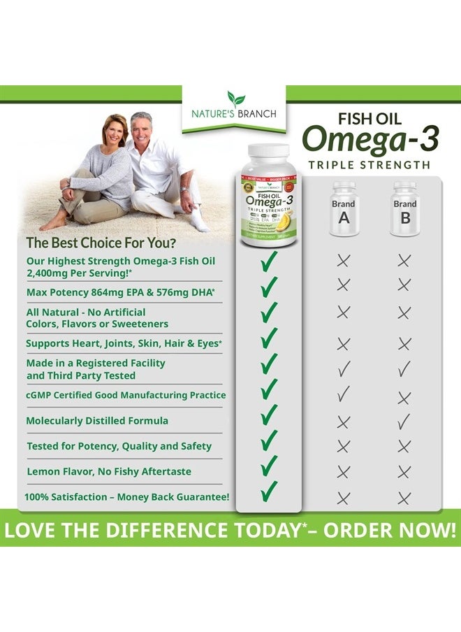 Nature's Branch - Best Triple Strength Omega 3 Fish Oil Pills - 180 Capsules - 2400mg High Potency Burpless Lemon Flavor 864mg EPA 576mg DHA Ultra Pure Liquid Softgels for Brain Joints Eyes Heart Health Supplement - Image 1