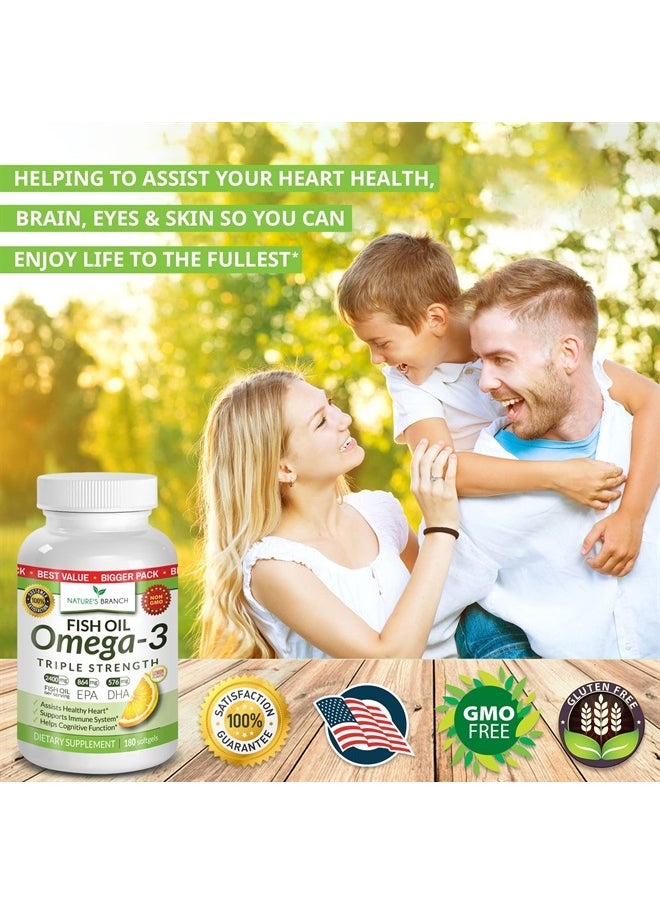 Nature's Branch - Best Triple Strength Omega 3 Fish Oil Pills - 180 Capsules - 2400mg High Potency Burpless Lemon Flavor 864mg EPA 576mg DHA Ultra Pure Liquid Softgels for Brain Joints Eyes Heart Health Supplement - Image 1