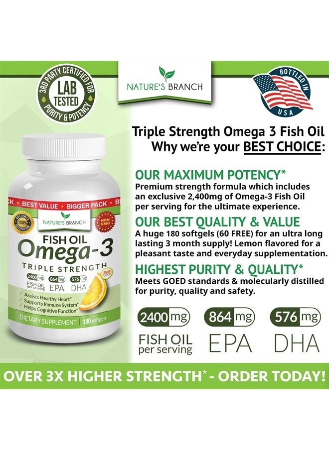 Nature's Branch - Best Triple Strength Omega 3 Fish Oil Pills - 180 Capsules - 2400mg High Potency Burpless Lemon Flavor 864mg EPA 576mg DHA Ultra Pure Liquid Softgels for Brain Joints Eyes Heart Health Supplement - Image 1