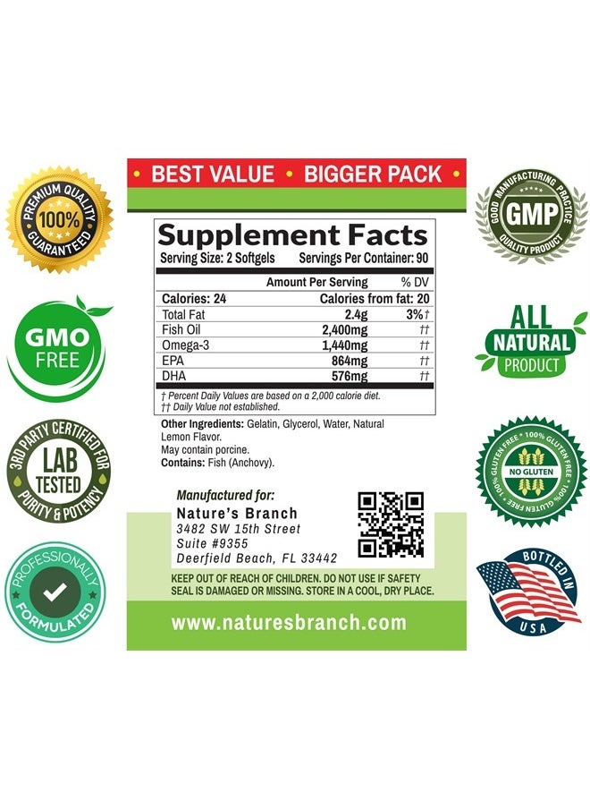 Nature's Branch - Best Triple Strength Omega 3 Fish Oil Pills - 180 Capsules - 2400mg High Potency Burpless Lemon Flavor 864mg EPA 576mg DHA Ultra Pure Liquid Softgels for Brain Joints Eyes Heart Health Supplement - Image 1