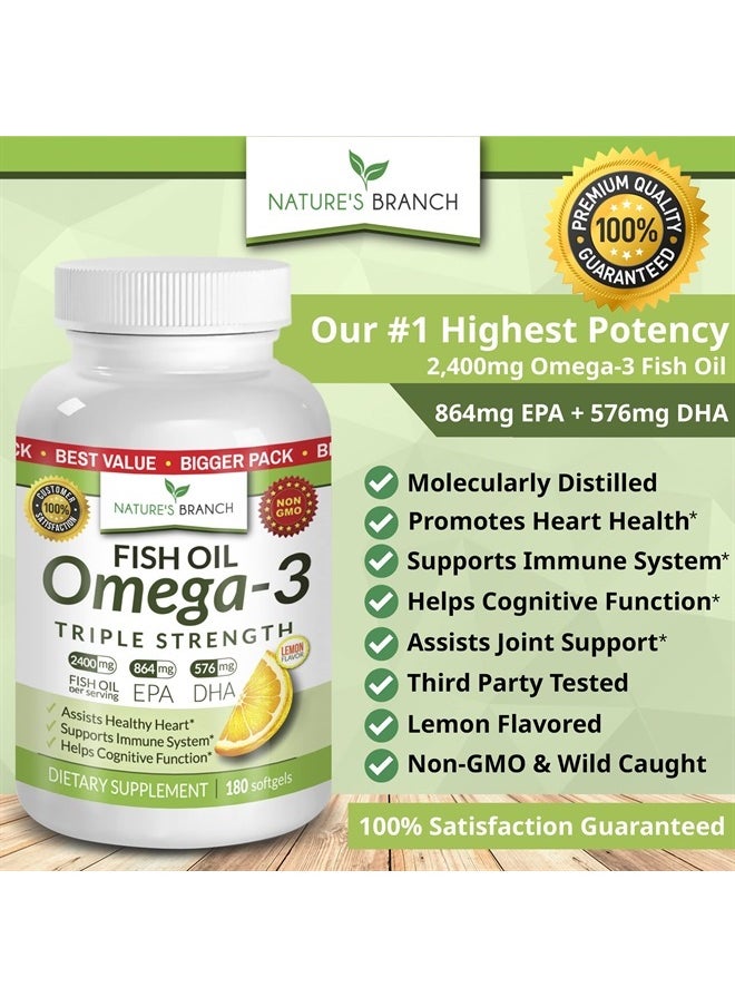 Nature's Branch - Best Triple Strength Omega 3 Fish Oil Pills - 180 Capsules - 2400mg High Potency Burpless Lemon Flavor 864mg EPA 576mg DHA Ultra Pure Liquid Softgels for Brain Joints Eyes Heart Health Supplement - Image 1