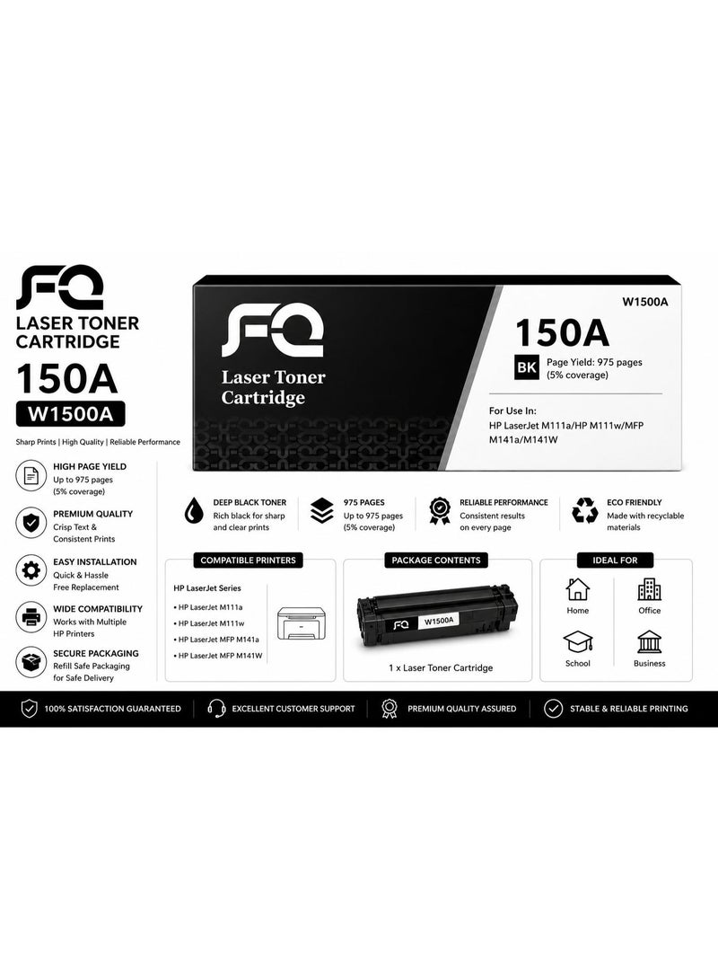 FQ 150A W1500A Compatible Black Laser Toner Cartridge | Up to 975 Pages | Replacement for HP LaserJet M111a, M111w, Laser MFP M141a & M141w - Image 1