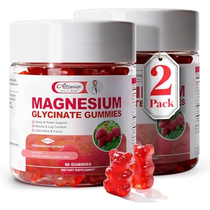 Alliwise 2pack Magnesium Glycinate Gummies 600mg for Sleep & Calm, Sugar Free Magnesium Gummies for Adults with Vitamin D3, Tart Cherry & Chamomile,Clump-Resistant Formula, Third-Party Tested, 120 Count - Image 1