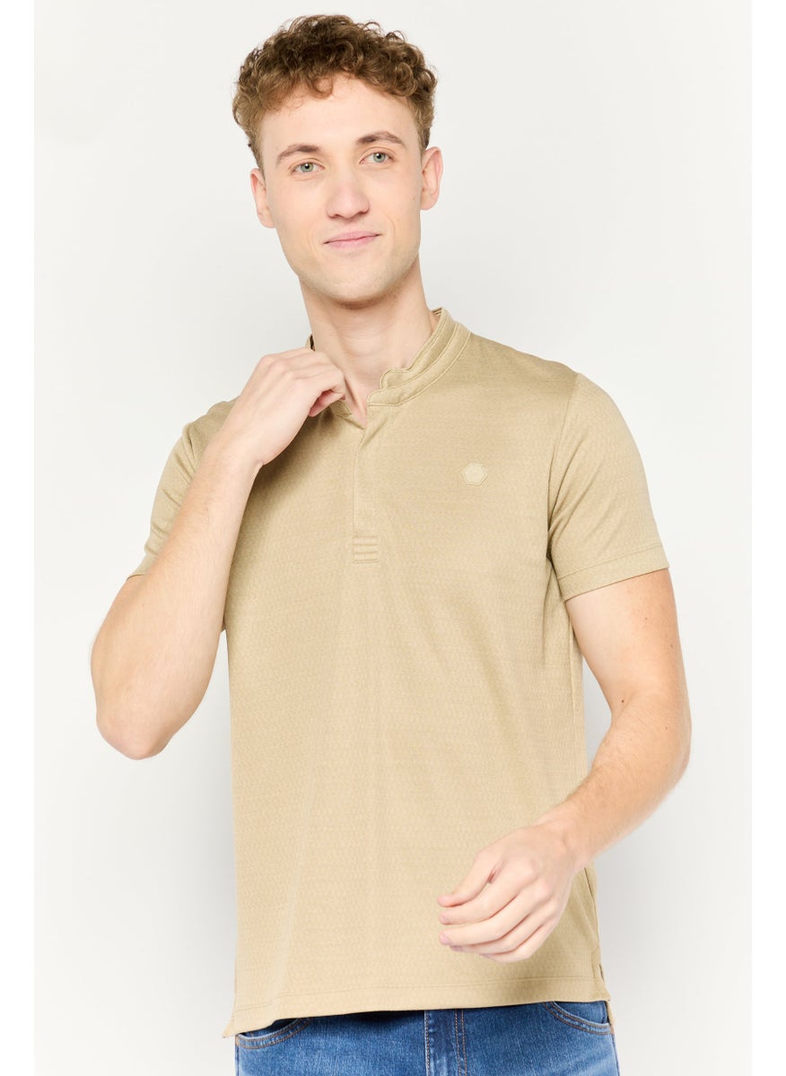 CERRUTI 1881 Men Band Collar Short Sleeve Brand Logo Polo Shirt, Beige  - Image 1