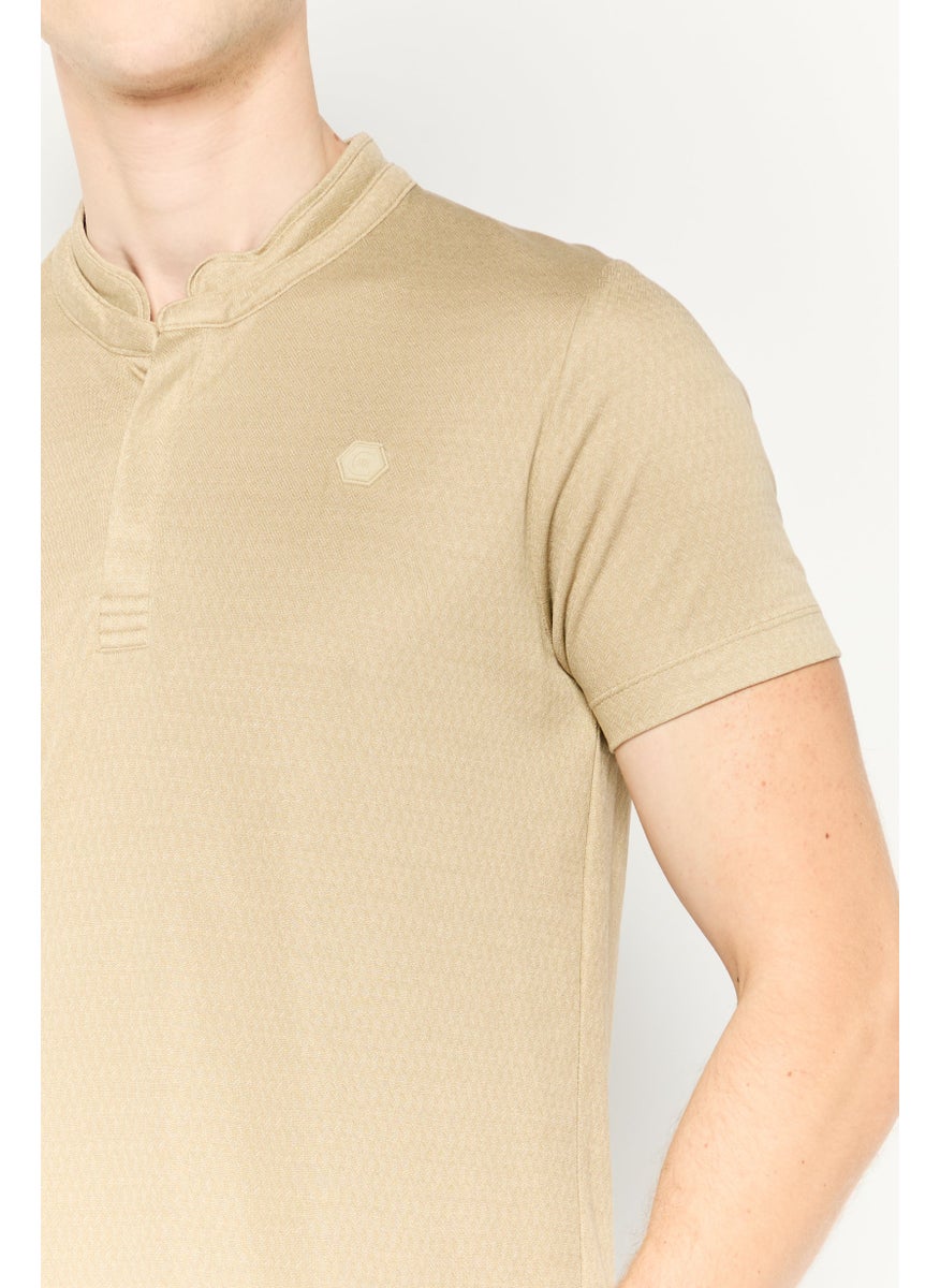 CERRUTI 1881 Men Band Collar Short Sleeve Brand Logo Polo Shirt, Beige  - Image 3