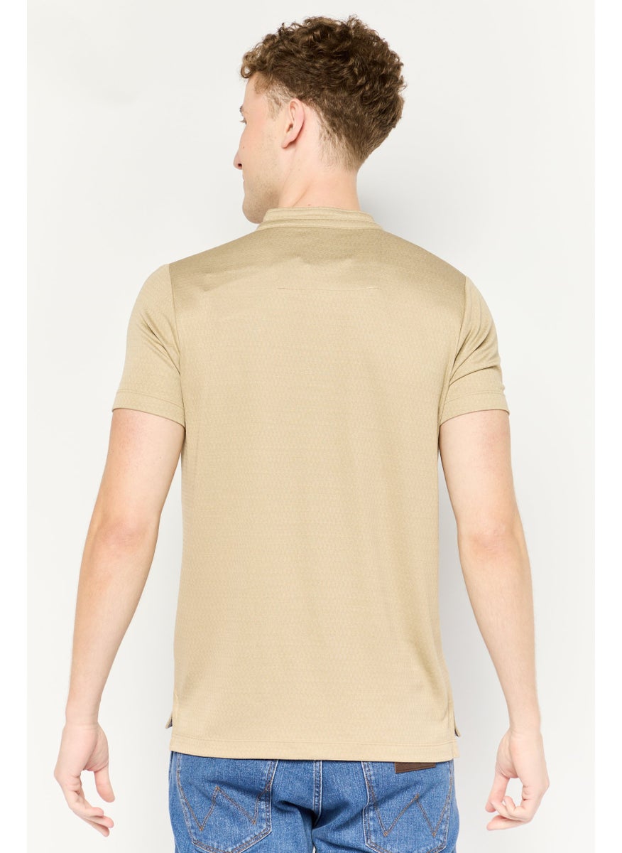 CERRUTI 1881 Men Band Collar Short Sleeve Brand Logo Polo Shirt, Beige  - Image 4