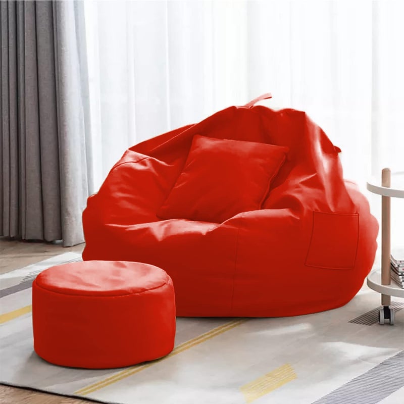 Gold Gold Premium Faux Leather Bean Bag Bean Bag Cover with Free Footrest and Cushion 5XL Red  - Image 1
