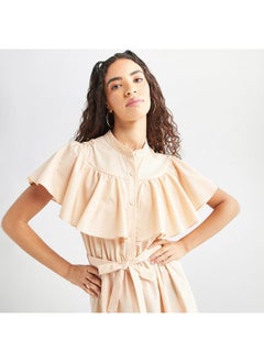 FAV Solid Maxi Dress with Ruffle Detail and Tie-up Belt  - Image 4