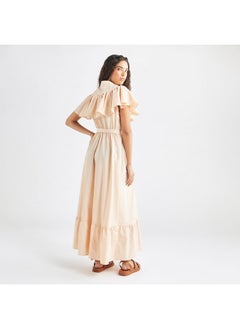 FAV Solid Maxi Dress with Ruffle Detail and Tie-up Belt  - Image 3