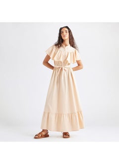 FAV Solid Maxi Dress with Ruffle Detail and Tie-up Belt  - Image 1
