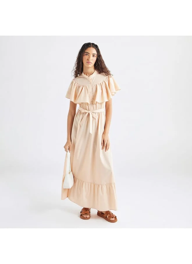 FAV Solid Maxi Dress with Ruffle Detail and Tie-up Belt