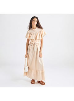 FAV Solid Maxi Dress with Ruffle Detail and Tie-up Belt  - Image 2