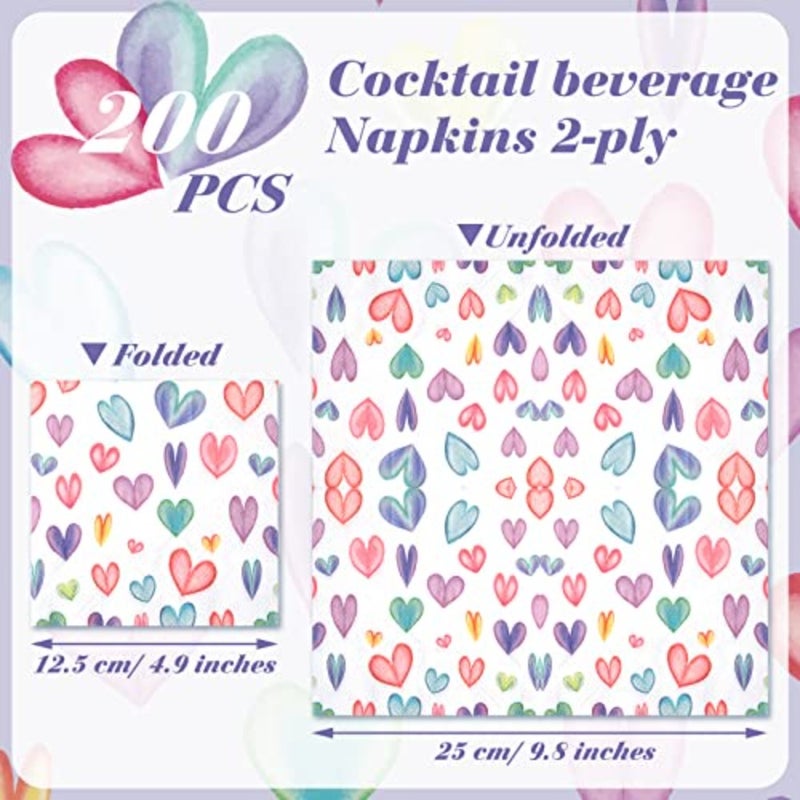 200 Valentine Napkins Paper Colorful Heart Cocktail Beverage Paper Napkins Disposable Paper Hearts Dessert Napkin for Valentine's Day Wedding Dinner Supplies Tableware Decor, 9.8x9.8'' Unfolded - Image 3