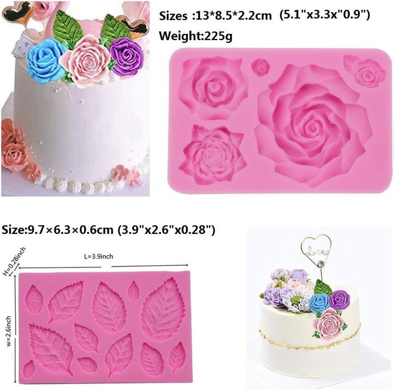 Elinka Large Rose Mold Silicone,Rose Flower and Leaves Fondant Cake Molds,Leaf Candy Chocolate Molds for Wedding Cake Decoration, Sugarcraft,Cupcake Topper,Polymer Clay,Soap Wax Making Crafting Projects - Image 2