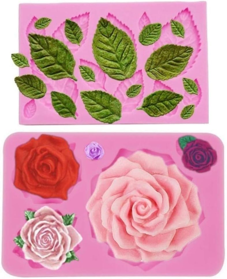 Elinka Large Rose Mold Silicone,Rose Flower and Leaves Fondant Cake Molds,Leaf Candy Chocolate Molds for Wedding Cake Decoration, Sugarcraft,Cupcake Topper,Polymer Clay,Soap Wax Making Crafting Projects - Image 1