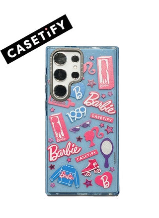 Vintage denim blue with vibrant pink accents