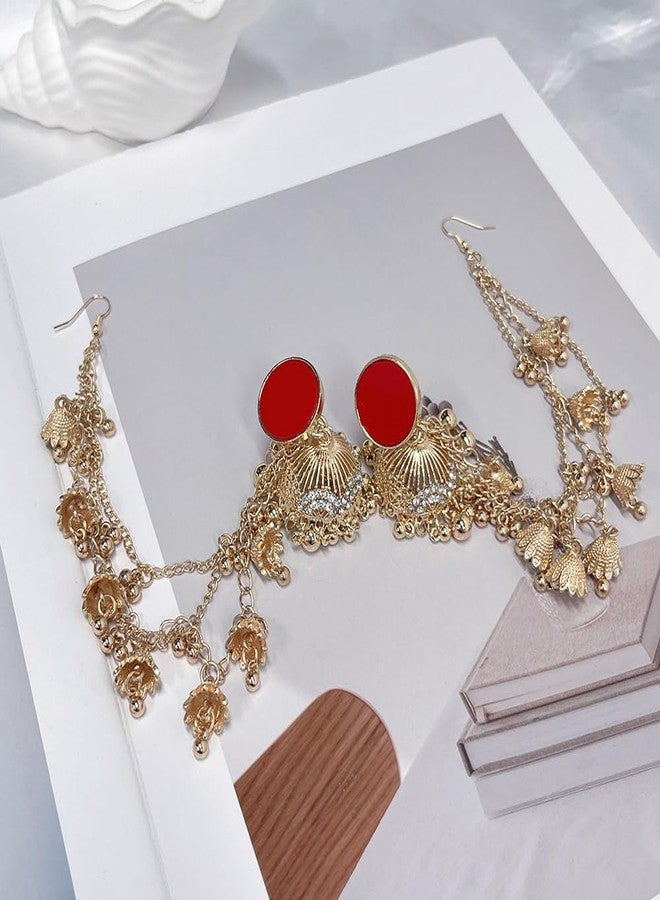 OIDIMS Bollywood Jhumkas Drop Earrings for Women Boho Vintage Bell Beaded Bride Earring Exotic Indian Earring Dangle Tassel Layered Chain Gypsy Ethnic Traditional Jhumki Wedding Accessories Christmas Jewelry Gifts (Gold-Tone) - Image 5