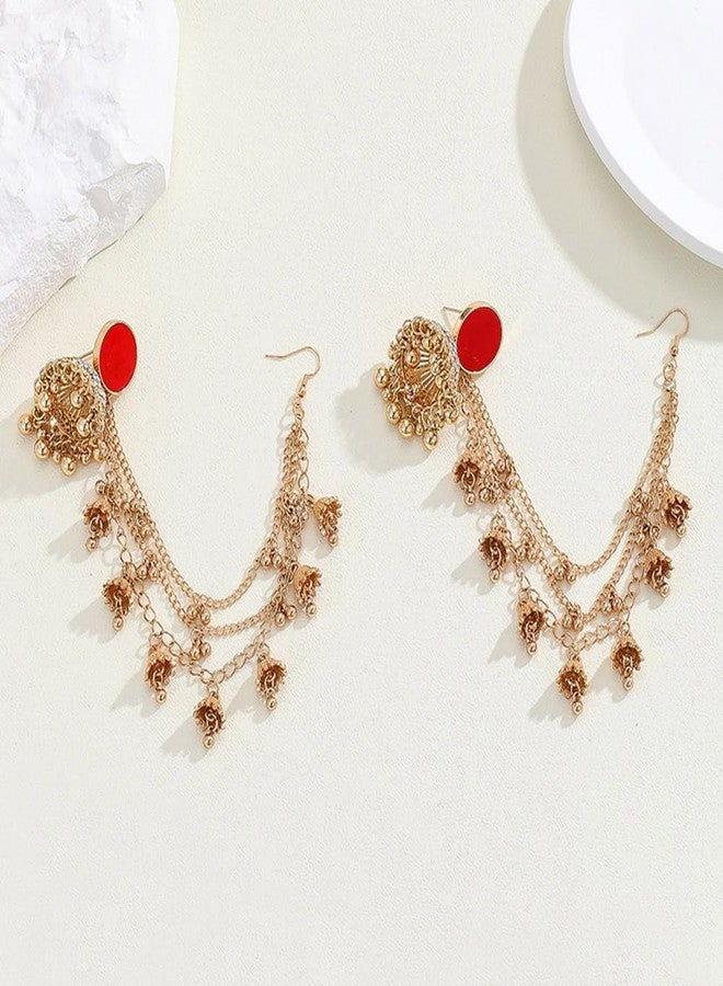 OIDIMS Bollywood Jhumkas Drop Earrings for Women Boho Vintage Bell Beaded Bride Earring Exotic Indian Earring Dangle Tassel Layered Chain Gypsy Ethnic Traditional Jhumki Wedding Accessories Christmas Jewelry Gifts (Gold-Tone) - Image 4