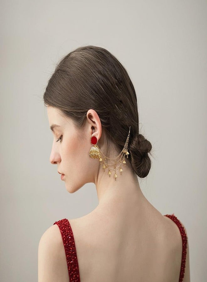 OIDIMS Bollywood Jhumkas Drop Earrings for Women Boho Vintage Bell Beaded Bride Earring Exotic Indian Earring Dangle Tassel Layered Chain Gypsy Ethnic Traditional Jhumki Wedding Accessories Christmas Jewelry Gifts (Gold-Tone) - Image 3