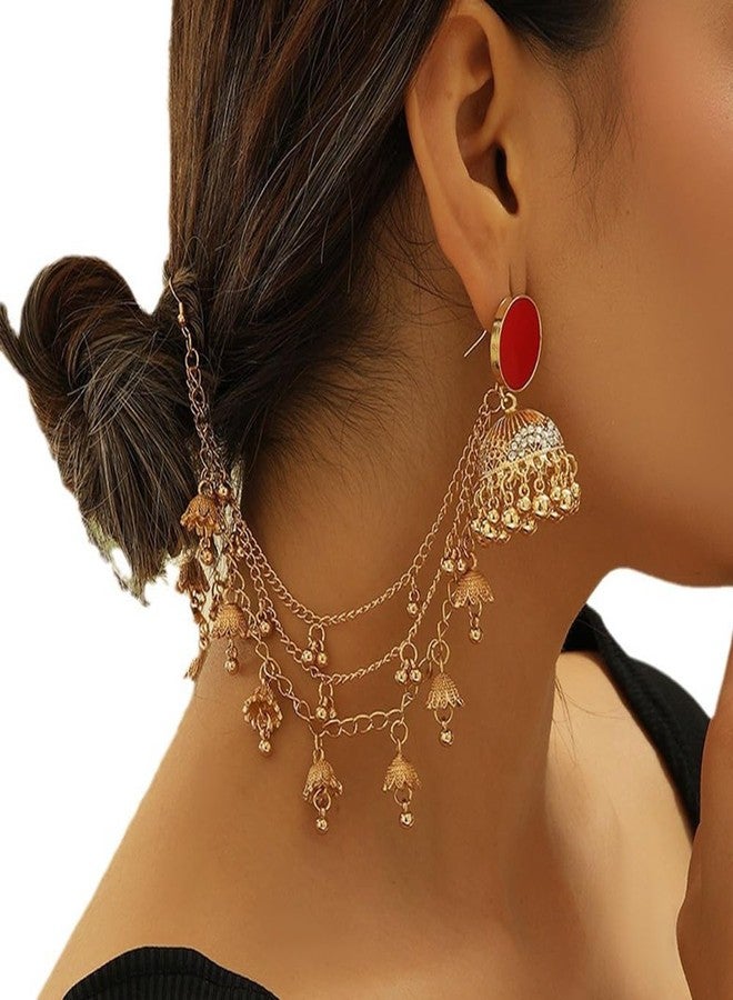 OIDIMS Bollywood Jhumkas Drop Earrings for Women Boho Vintage Bell Beaded Bride Earring Exotic Indian Earring Dangle Tassel Layered Chain Gypsy Ethnic Traditional Jhumki Wedding Accessories Christmas Jewelry Gifts (Gold-Tone) - Image 2