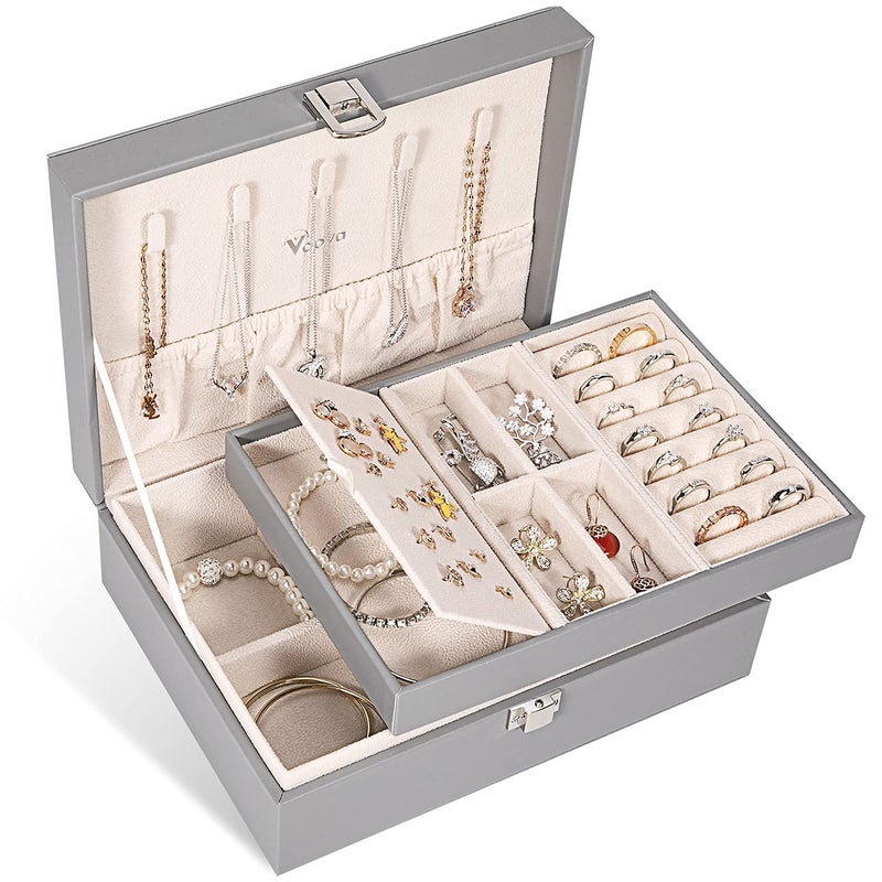 Voova Jewelry Box Organizer for Women Girls 2 Layer Large Men Storage Case PU Leather Display Jewellery Holder with Removable Tray for Necklace Earrings Rings Bracelets Vintage GiftGrey